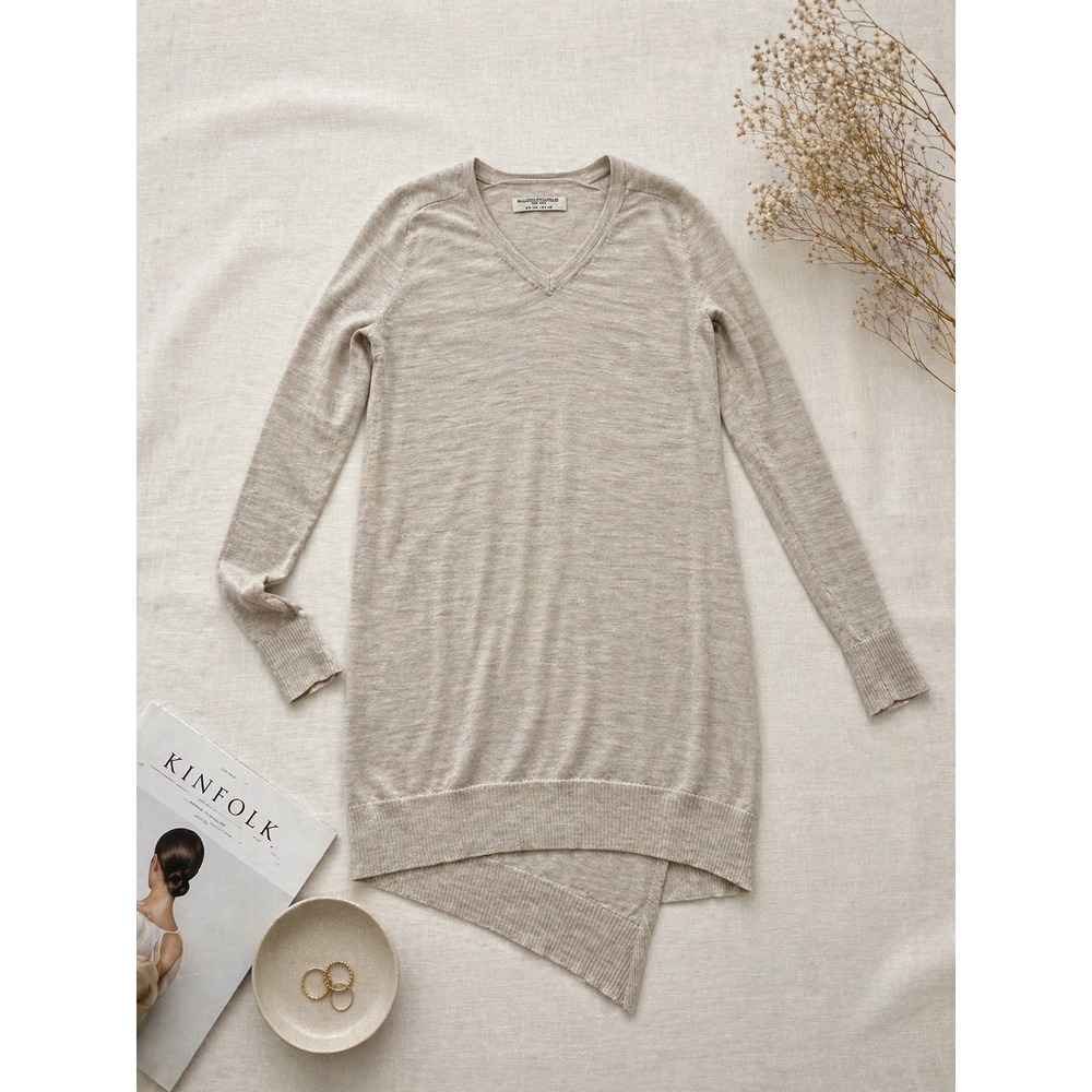 AllSaints Wasson Jumper Dress Beige Merino Wool V-Neck Asymmetric Hem US 4 UK 8